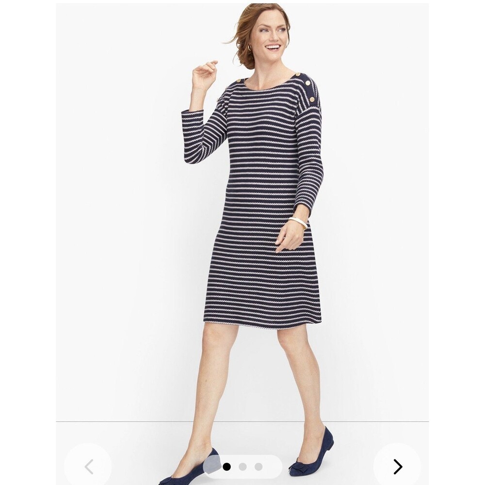 TALBOTS Knit Button Shoulder Sheath Dress in Navy Stripe Sz L